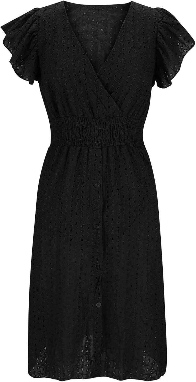 Casual Summer Dresses for Women Eyelet Ruffle Cap Sleeve Mini Dress Vneck Smocked Waist A Line Beach Vacation Dresses