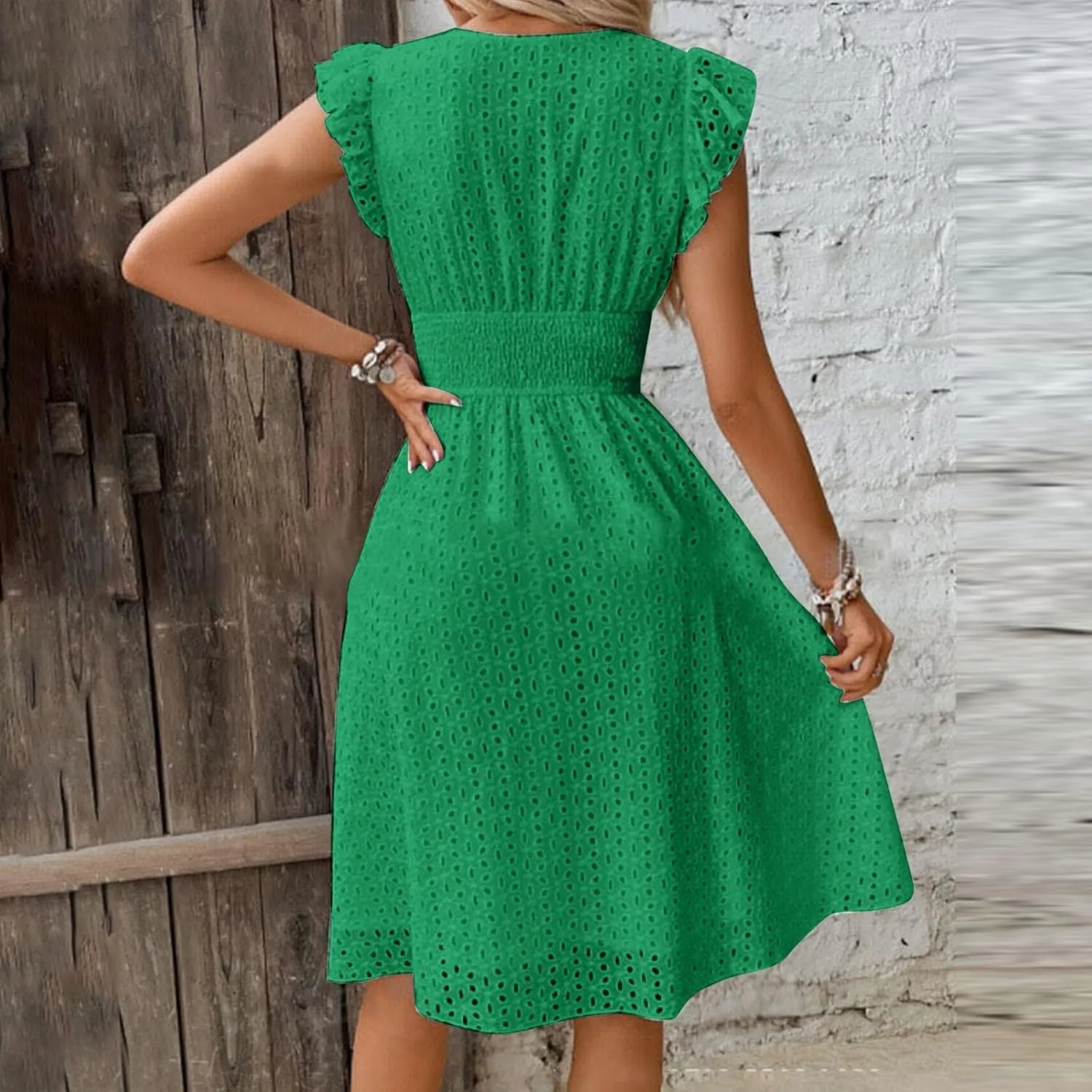 Casual Summer Dresses for Women Eyelet Ruffle Cap Sleeve Mini Dress Vneck Smocked Waist A Line Beach Vacation Dresses