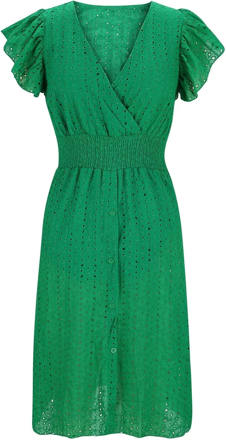 Casual Summer Dresses for Women Eyelet Ruffle Cap Sleeve Mini Dress Vneck Smocked Waist A Line Beach Vacation Dresses