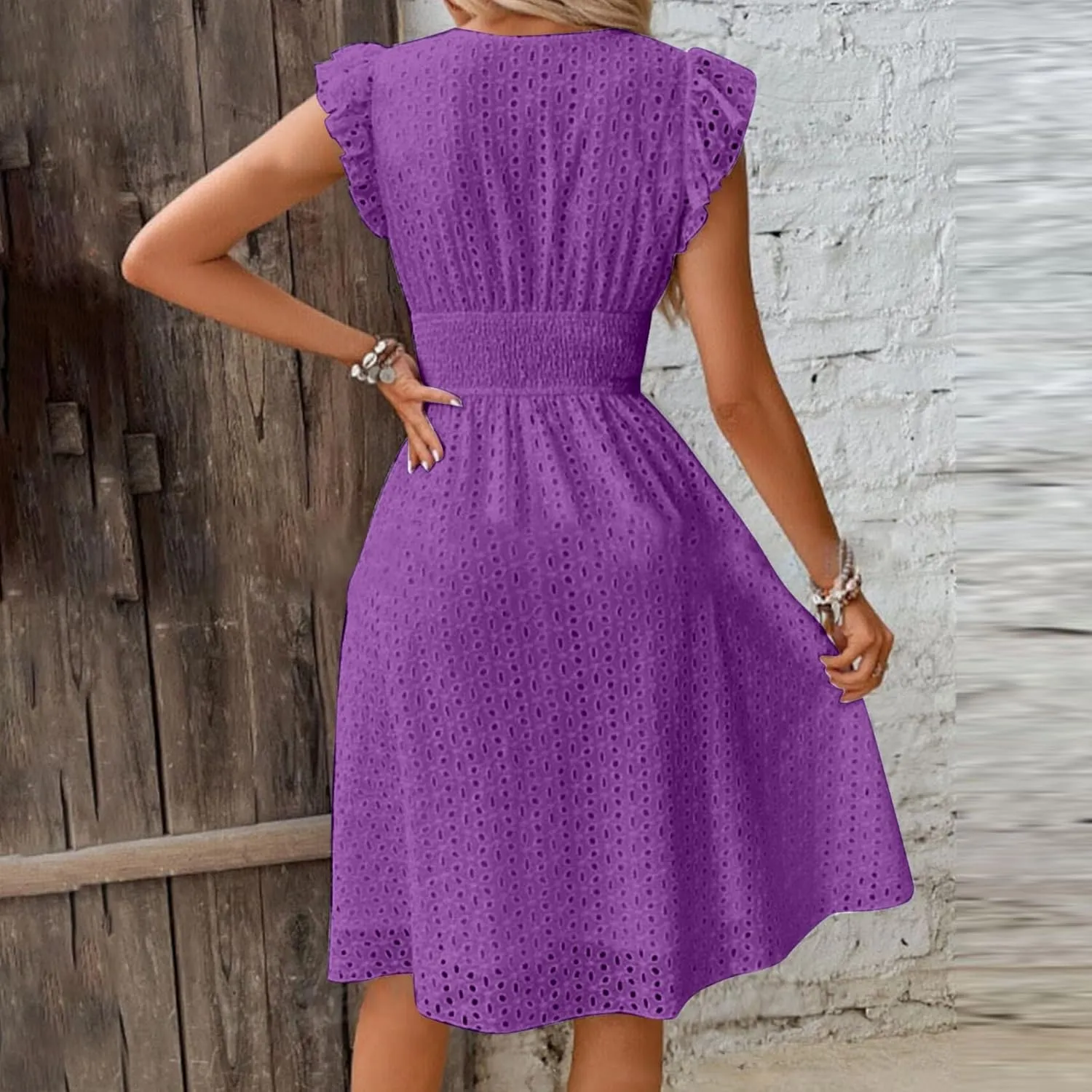 Casual Summer Dresses for Women Eyelet Ruffle Cap Sleeve Mini Dress Vneck Smocked Waist A Line Beach Vacation Dresses