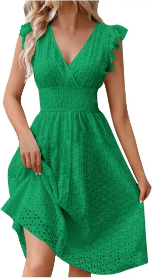 Casual Summer Dresses for Women Eyelet Ruffle Cap Sleeve Mini Dress Vneck Smocked Waist A Line Beach Vacation Dresses