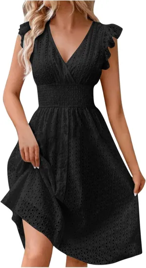 Casual Summer Dresses for Women Eyelet Ruffle Cap Sleeve Mini Dress Vneck Smocked Waist A Line Beach Vacation Dresses