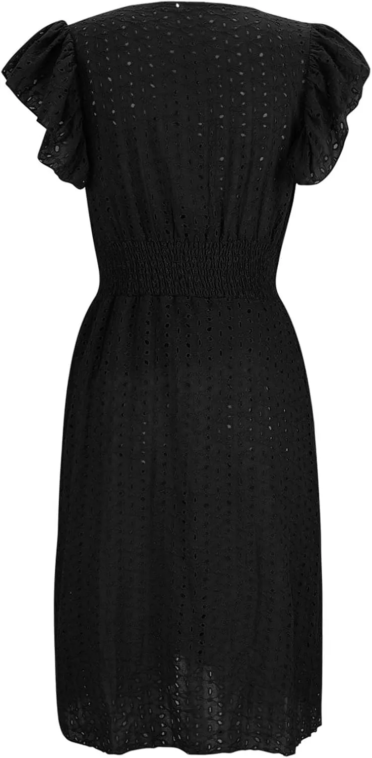 Casual Summer Dresses for Women Eyelet Ruffle Cap Sleeve Mini Dress Vneck Smocked Waist A Line Beach Vacation Dresses