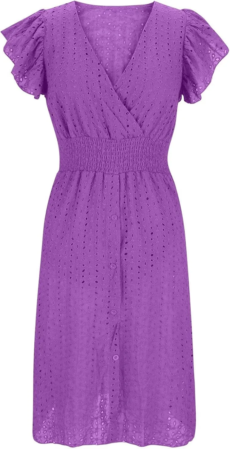 Casual Summer Dresses for Women Eyelet Ruffle Cap Sleeve Mini Dress Vneck Smocked Waist A Line Beach Vacation Dresses