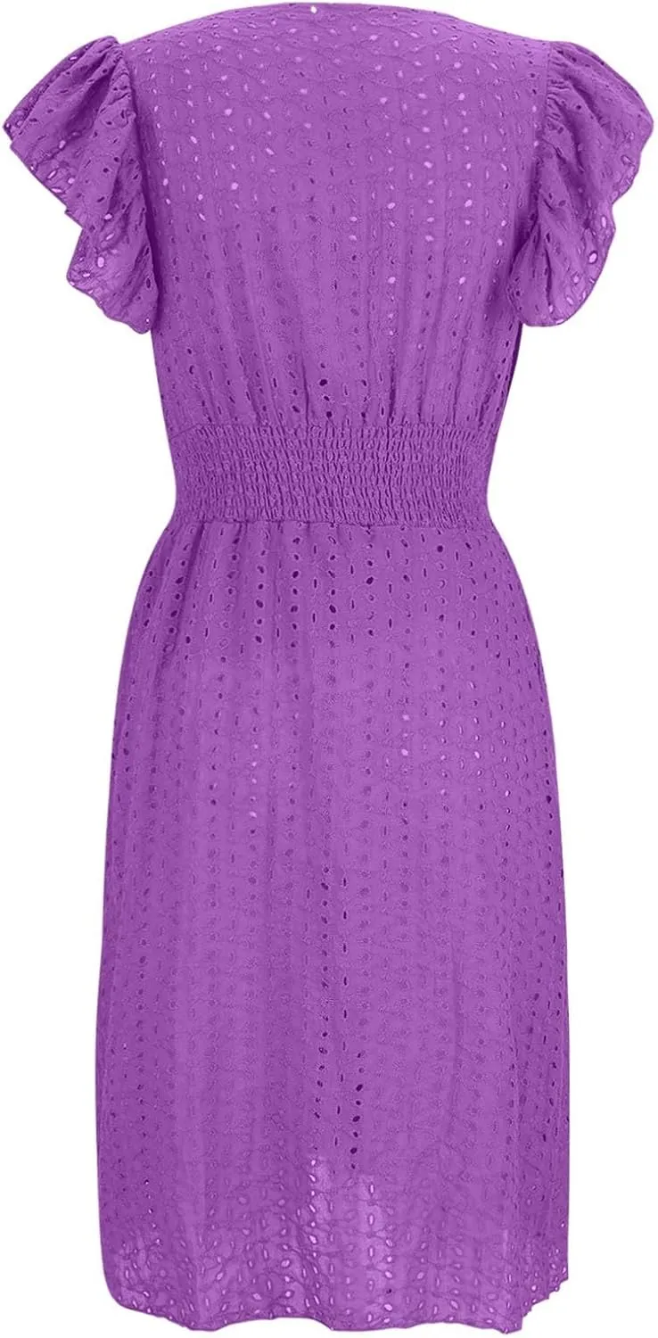 Casual Summer Dresses for Women Eyelet Ruffle Cap Sleeve Mini Dress Vneck Smocked Waist A Line Beach Vacation Dresses