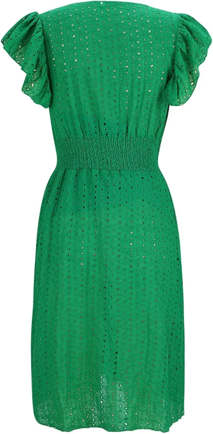 Casual Summer Dresses for Women Eyelet Ruffle Cap Sleeve Mini Dress Vneck Smocked Waist A Line Beach Vacation Dresses