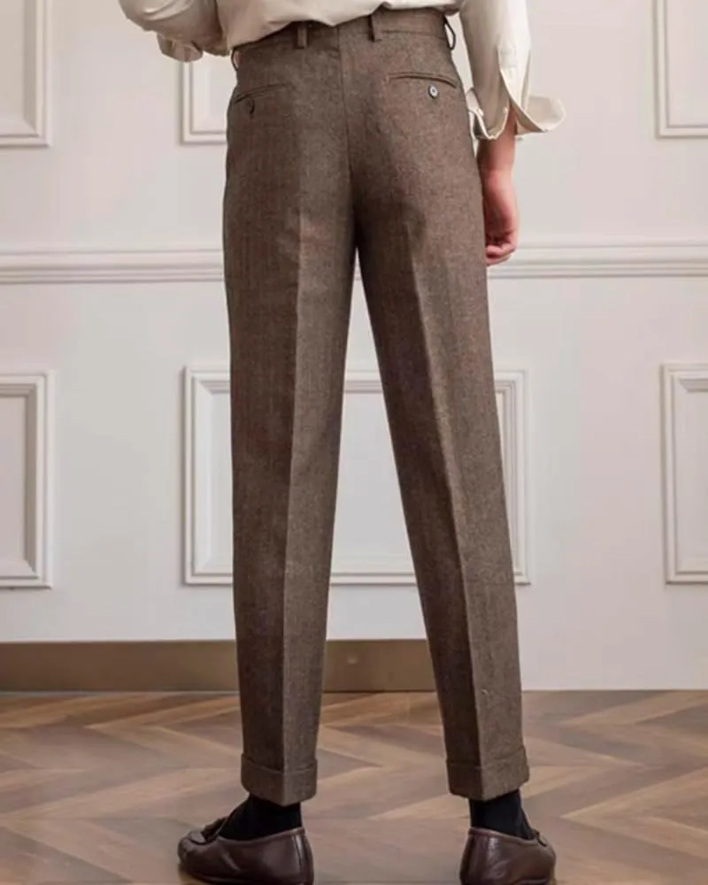 Ceehuteey Men's High Waisted Dress Pants Pleated Front Tweed Retro Wool Trousers