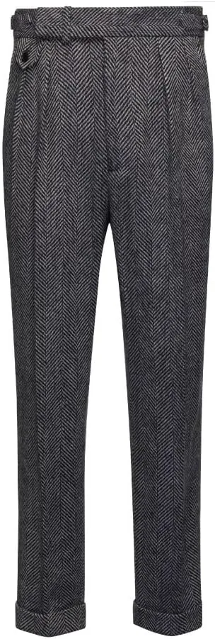 Ceehuteey Men's High Waisted Dress Pants Pleated Front Tweed Retro Wool Trousers