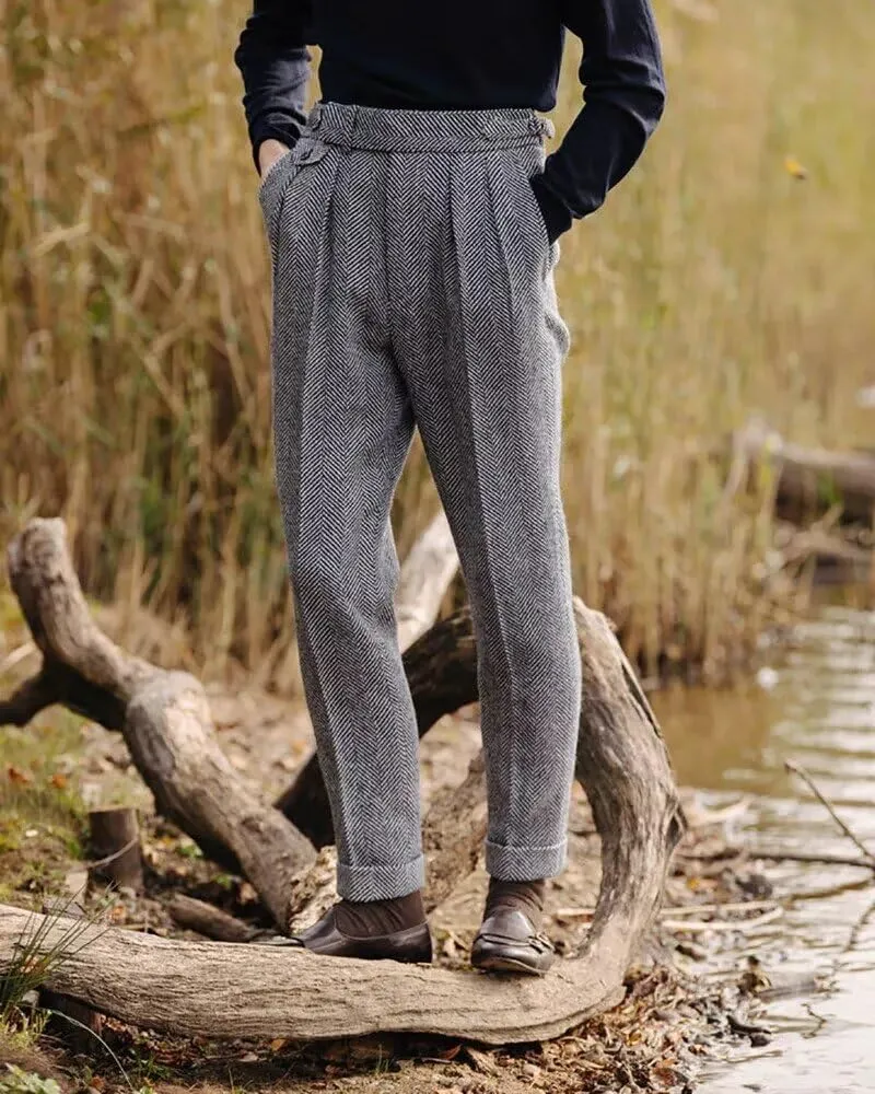 Ceehuteey Men's High Waisted Dress Pants Pleated Front Tweed Retro Wool Trousers