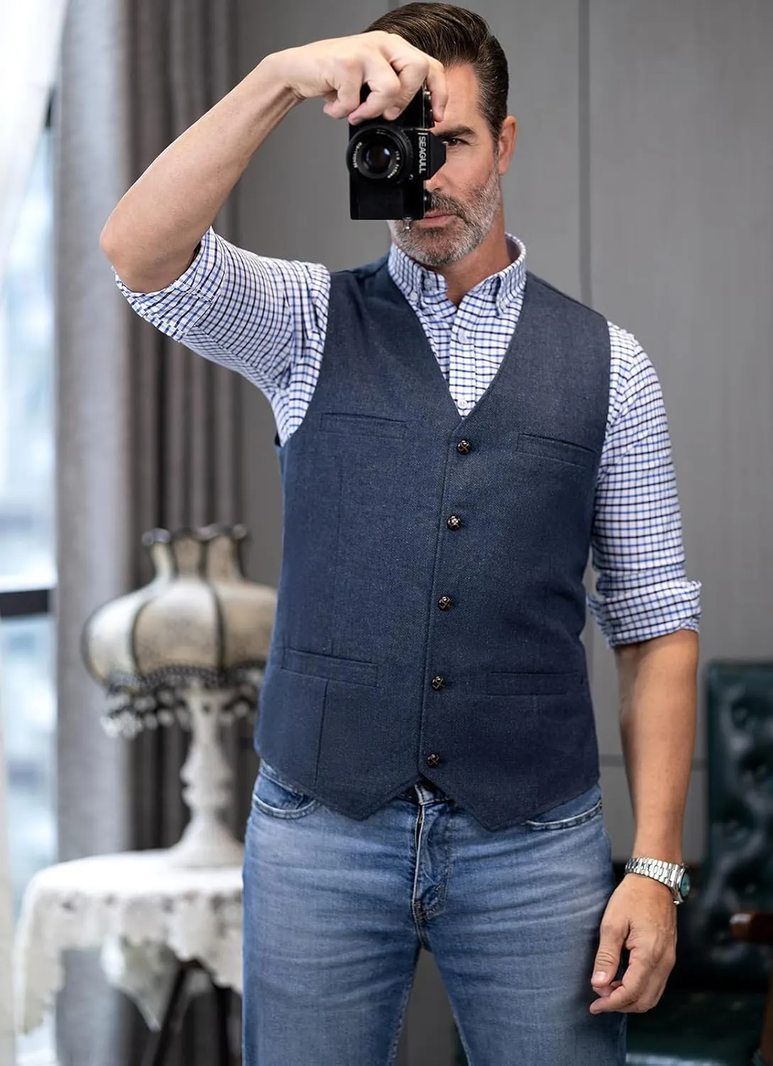 Ceehuteey Mens Suit Vest Waistcoat Tweed Retro V Neck Wool Herringbone for Prom