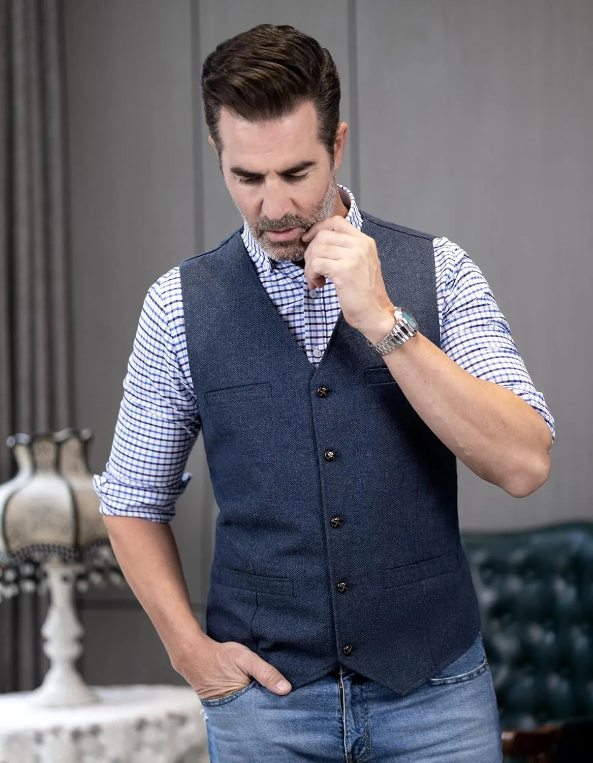 Ceehuteey Mens Suit Vest Waistcoat Tweed Retro V Neck Wool Herringbone for Prom