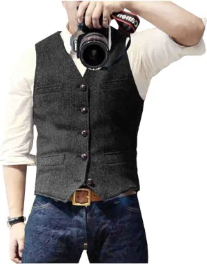 Ceehuteey Mens Suit Vest Waistcoat Tweed Retro V Neck Wool Herringbone for Prom