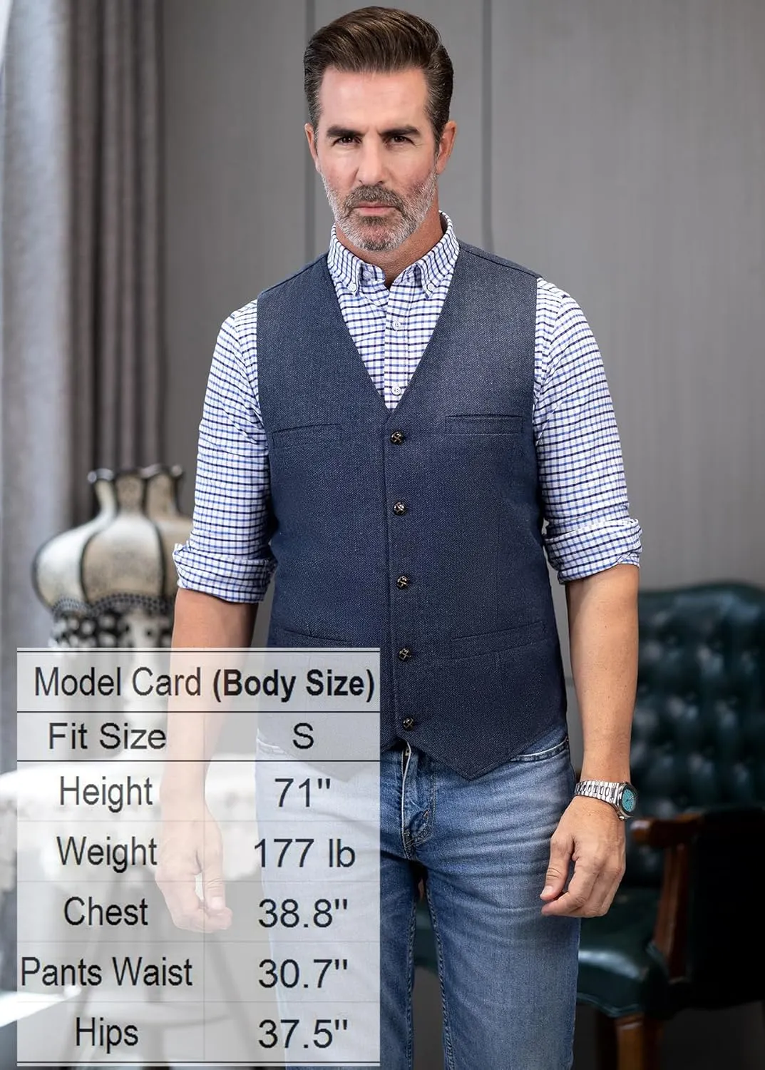 Ceehuteey Mens Suit Vest Waistcoat Tweed Retro V Neck Wool Herringbone for Prom