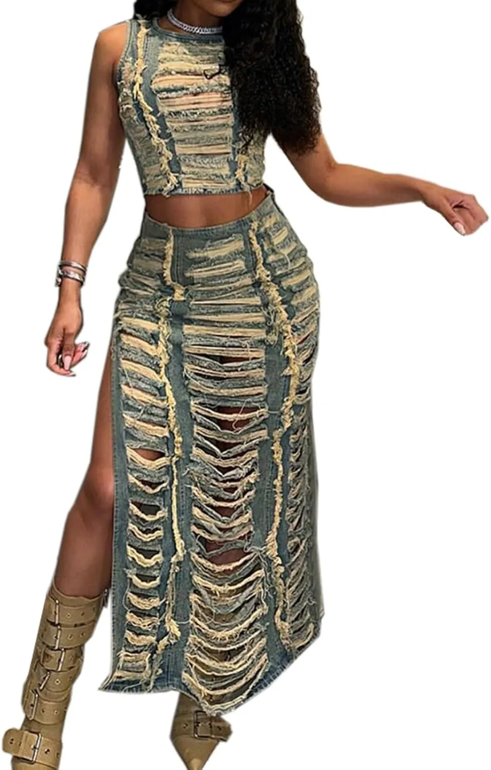 cffvdiz Sexy 2 Piece Denim Outfits for Women Vintage Distressed Ripped Hole Sleeveless Tank Tops and Slit Denim Long Skirt