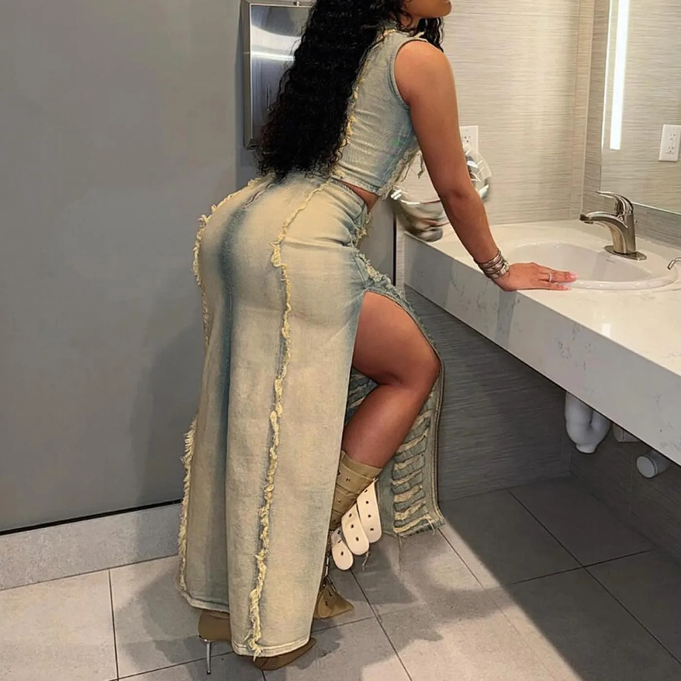 cffvdiz Sexy 2 Piece Denim Outfits for Women Vintage Distressed Ripped Hole Sleeveless Tank Tops and Slit Denim Long Skirt