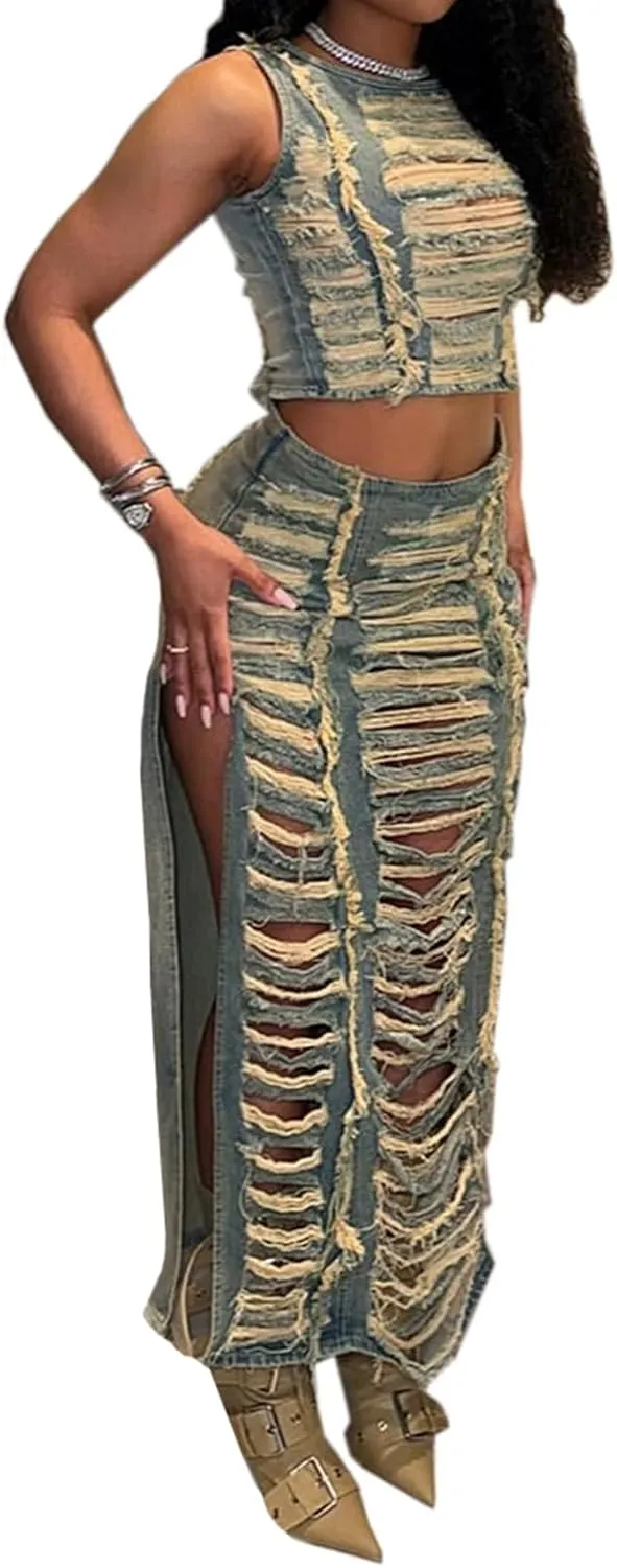 cffvdiz Sexy 2 Piece Denim Outfits for Women Vintage Distressed Ripped Hole Sleeveless Tank Tops and Slit Denim Long Skirt