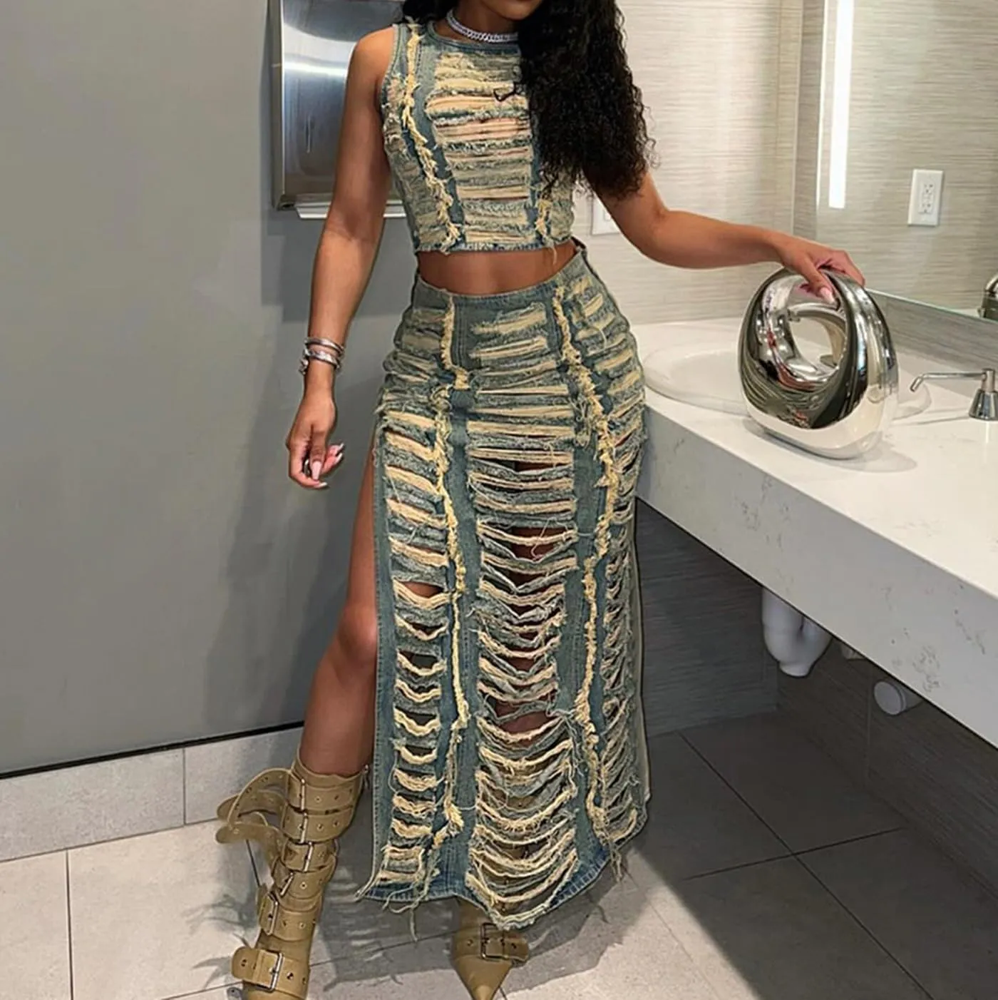 cffvdiz Sexy 2 Piece Denim Outfits for Women Vintage Distressed Ripped Hole Sleeveless Tank Tops and Slit Denim Long Skirt