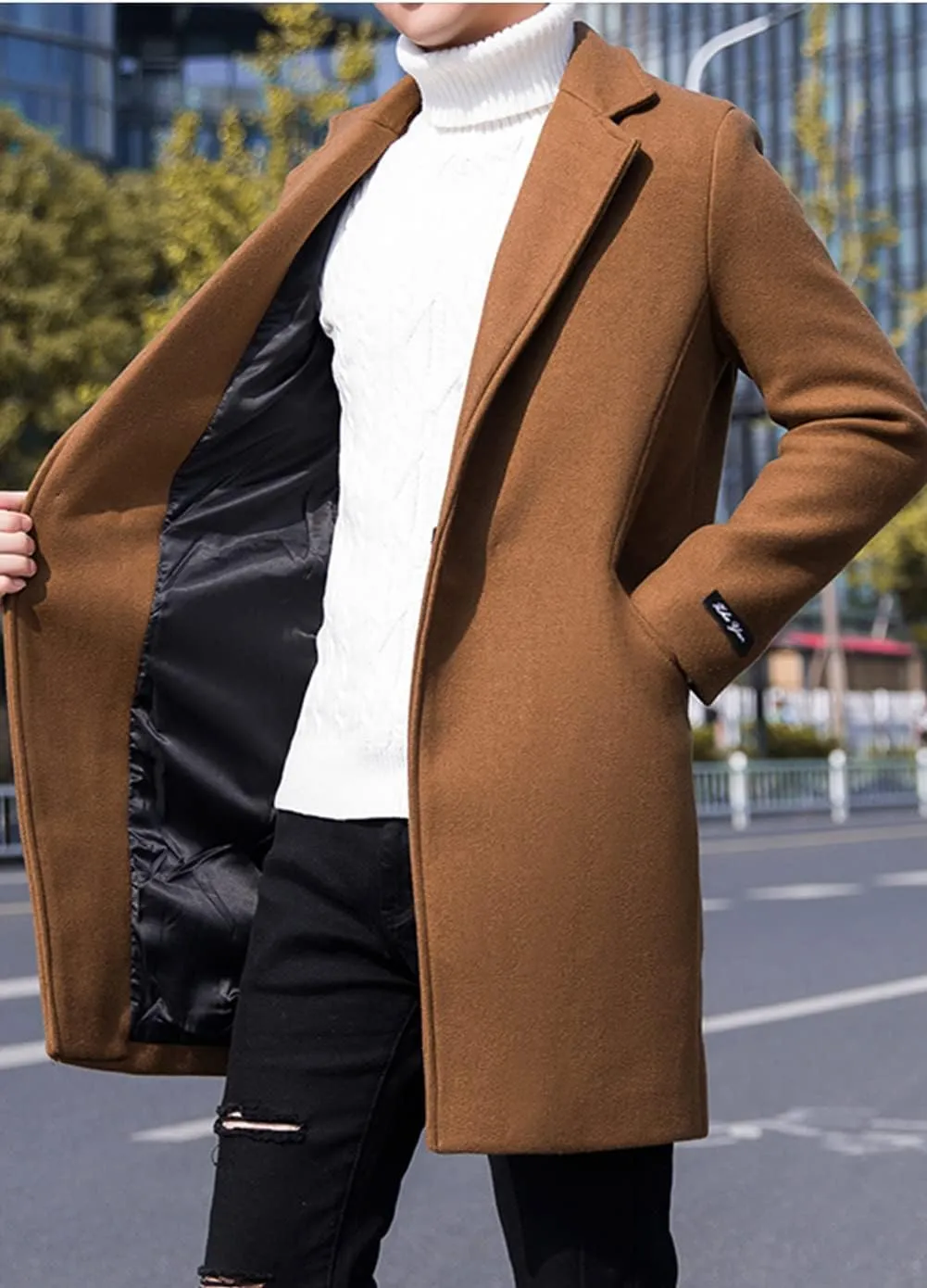 CHARTOU Men's Notched Collar 1 Button Slim Fit Midi Trench Pea Coat Jacket