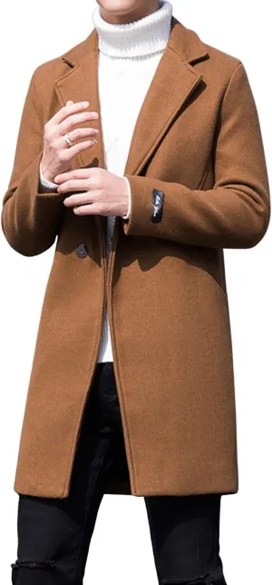 CHARTOU Men's Notched Collar 1 Button Slim Fit Midi Trench Pea Coat Jacket