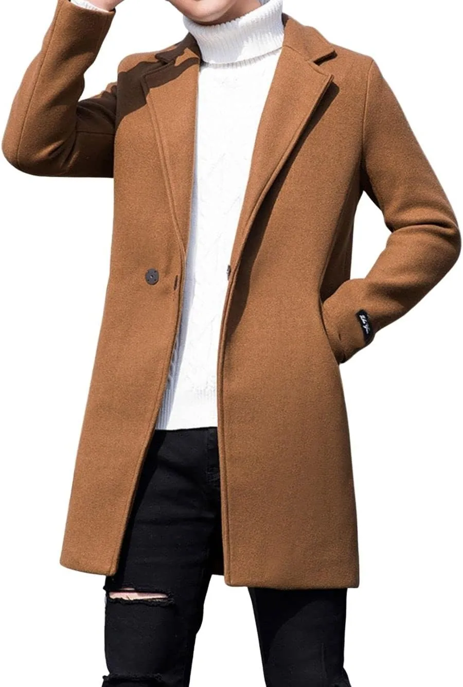 CHARTOU Men's Notched Collar 1 Button Slim Fit Midi Trench Pea Coat Jacket