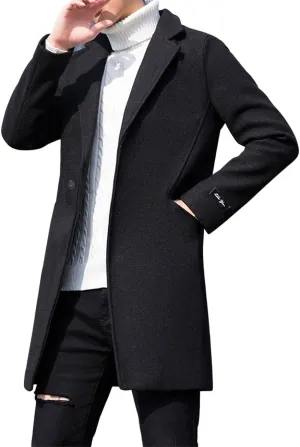 CHARTOU Men's Notched Collar 1 Button Slim Fit Midi Trench Pea Coat Jacket