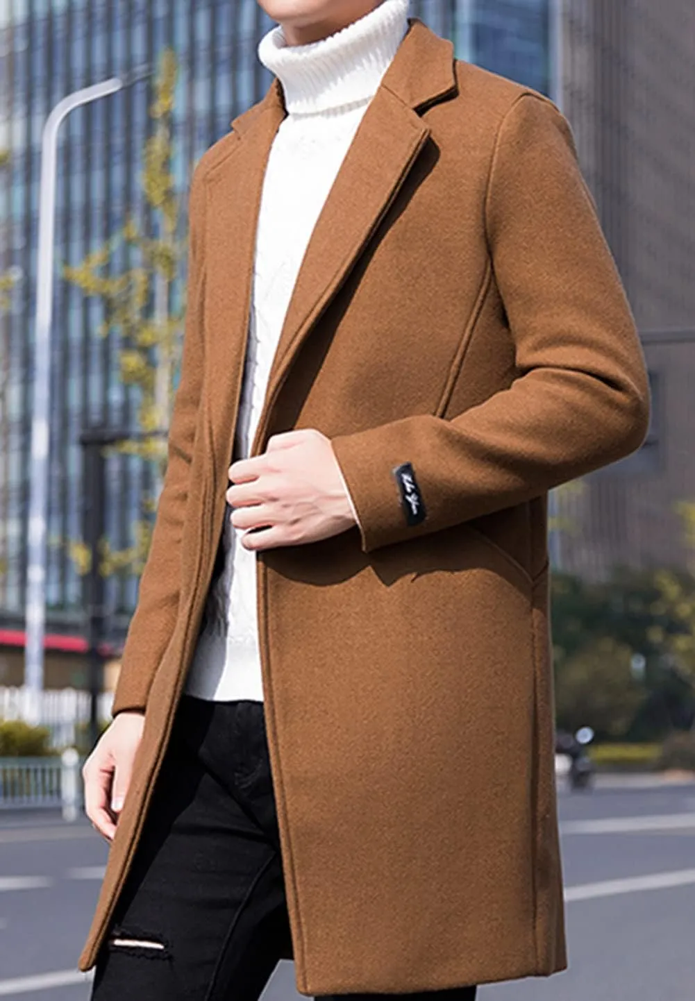 CHARTOU Men's Notched Collar 1 Button Slim Fit Midi Trench Pea Coat Jacket