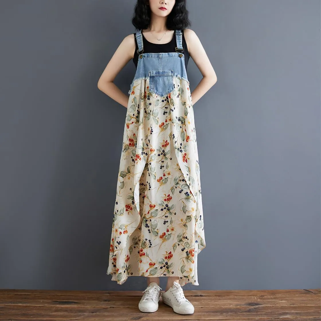 chouyatou Women's Sleeveless Denim Chiffon Splicing Ruffle Overall Dress Loose Maxi Bib Jumper Dress
