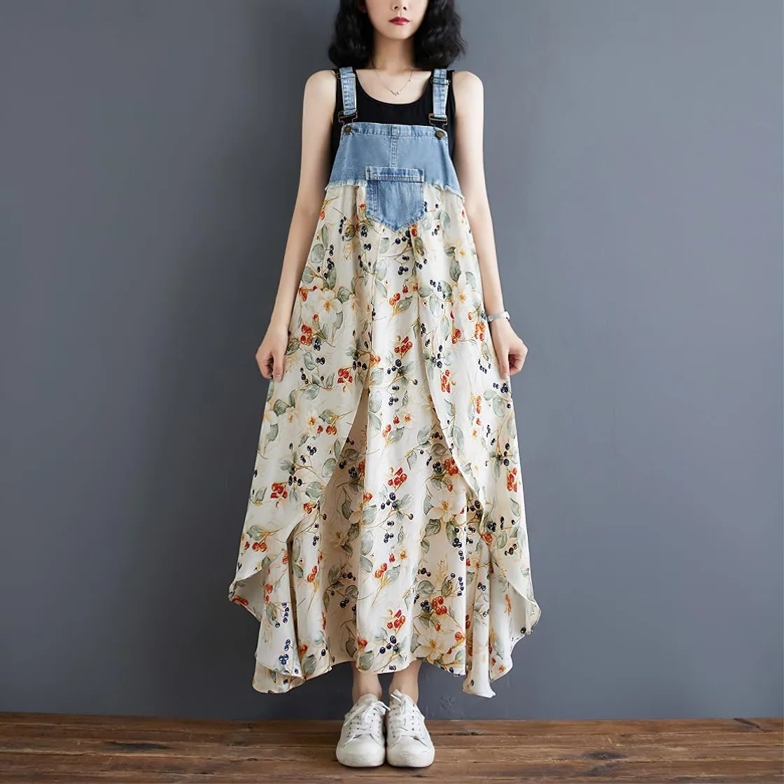 chouyatou Women's Sleeveless Denim Chiffon Splicing Ruffle Overall Dress Loose Maxi Bib Jumper Dress