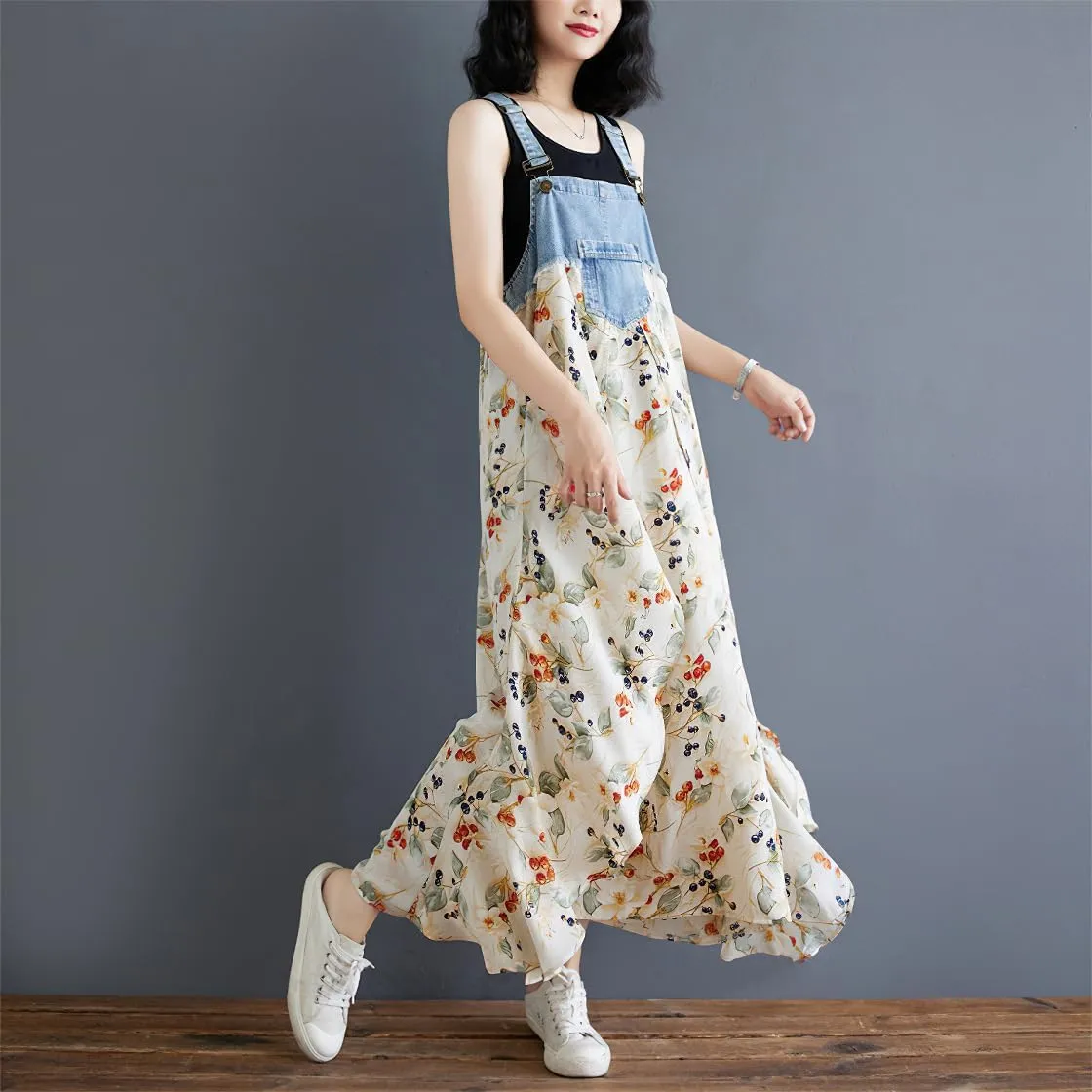 chouyatou Women's Sleeveless Denim Chiffon Splicing Ruffle Overall Dress Loose Maxi Bib Jumper Dress