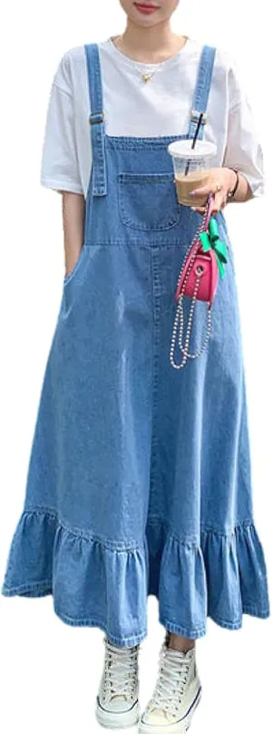 chouyatou Women's Y2K Cute Ruffle Denim Overall Jean Dress Distressed Flared Maxi long Bib Jumper Dress