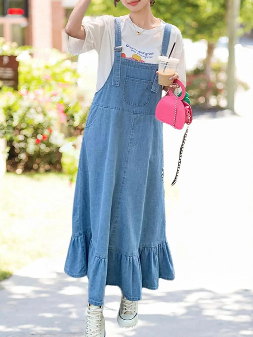 chouyatou Women's Y2K Cute Ruffle Denim Overall Jean Dress Distressed Flared Maxi long Bib Jumper Dress