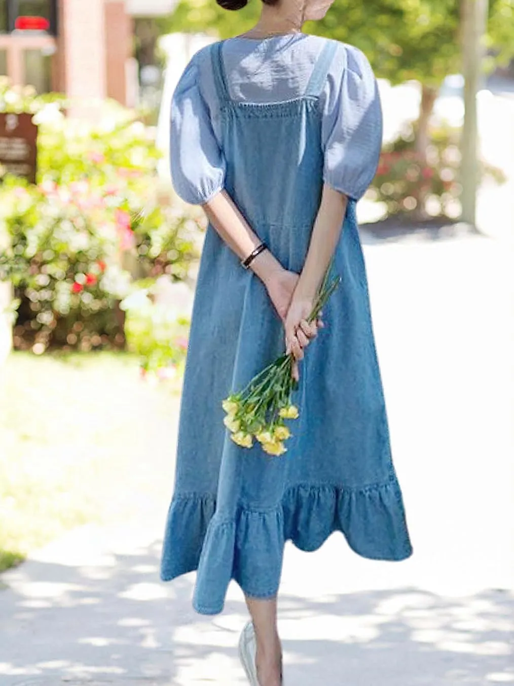 chouyatou Women's Y2K Cute Ruffle Denim Overall Jean Dress Distressed Flared Maxi long Bib Jumper Dress