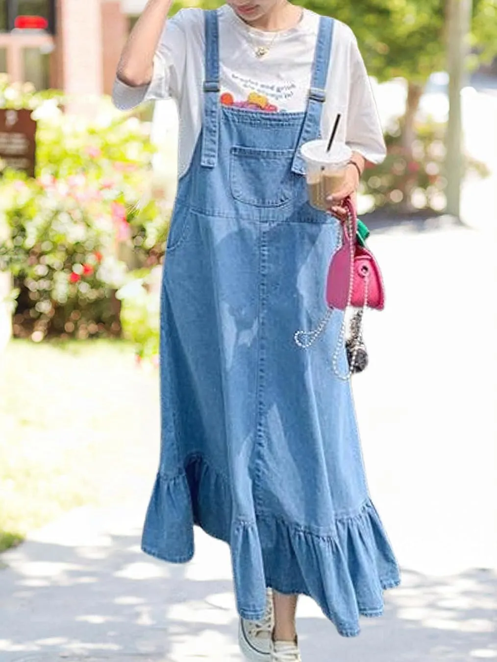 chouyatou Women's Y2K Cute Ruffle Denim Overall Jean Dress Distressed Flared Maxi long Bib Jumper Dress