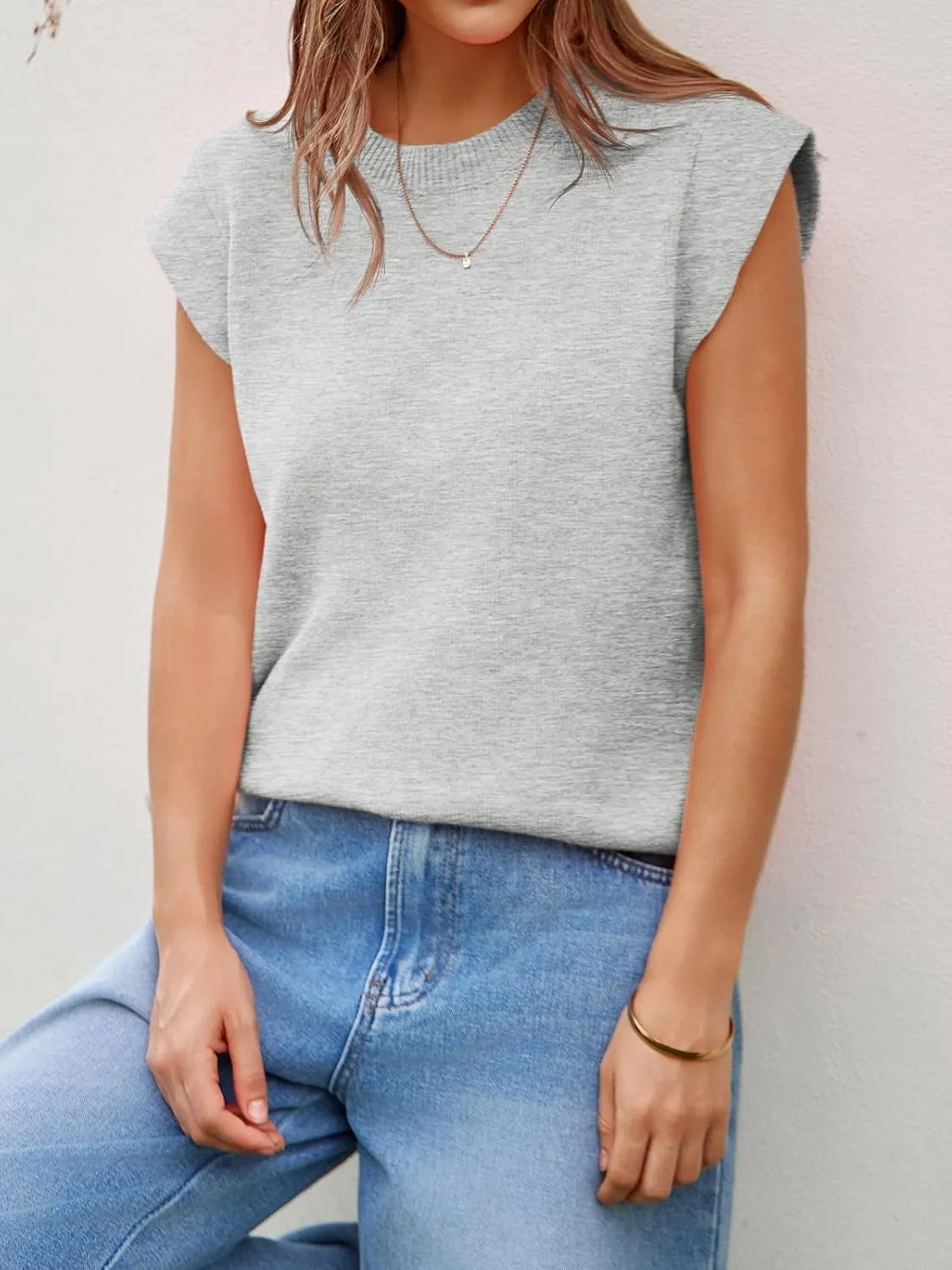 Cicy Bell Womens Cap Sleeve Sweater Vest Summer Casual Sleeveless Knit Tank Tops Loose Fit Crew Neck Shirts Pullover