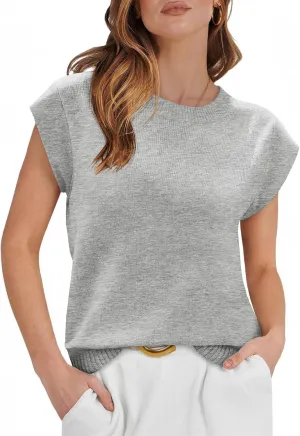 Cicy Bell Womens Cap Sleeve Sweater Vest Summer Casual Sleeveless Knit Tank Tops Loose Fit Crew Neck Shirts Pullover