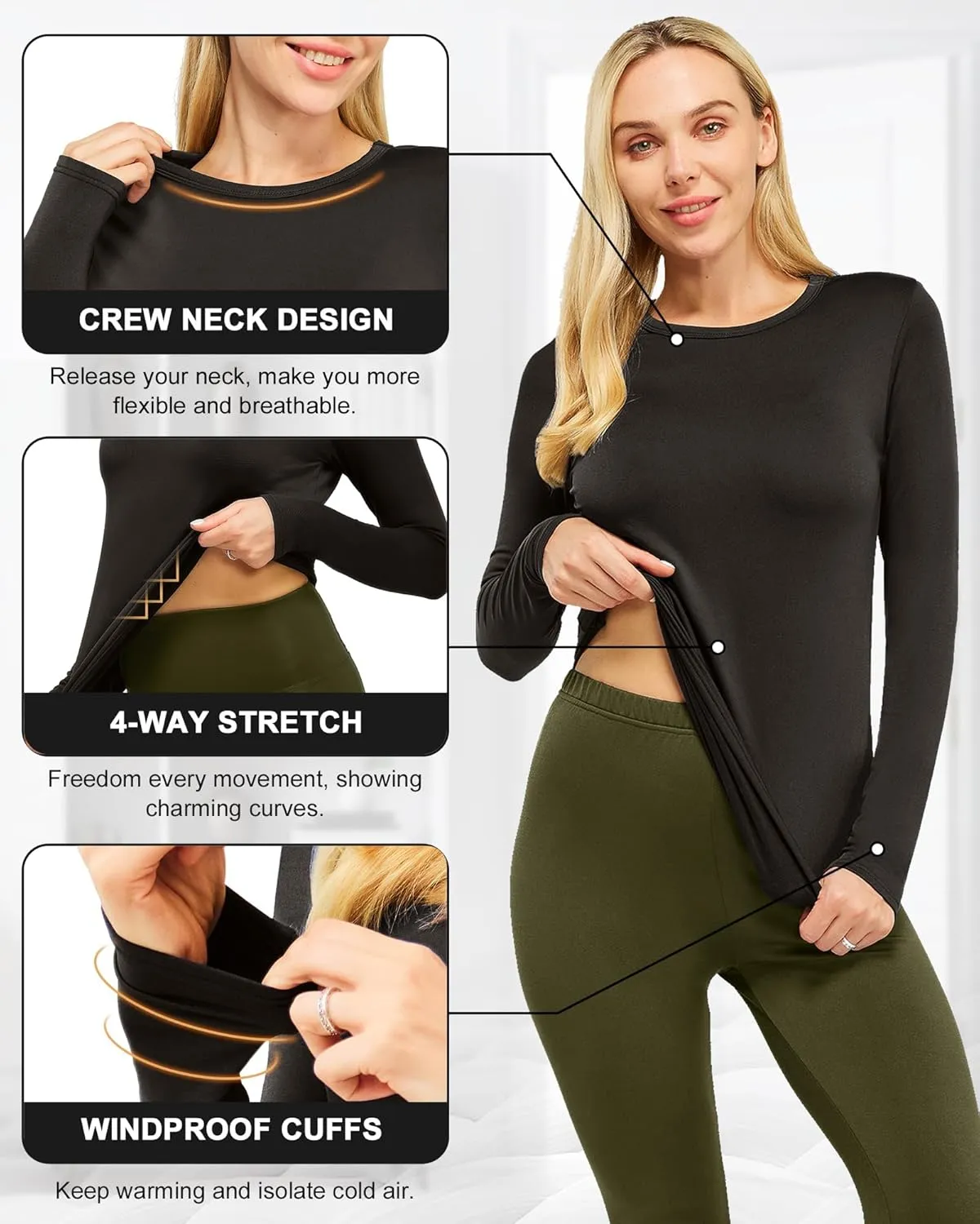 CL convallaria 1 2 4 Pcs Women's Thermal Underwear Fleece Lined Tops Long Sleeve Baselayer Shirt