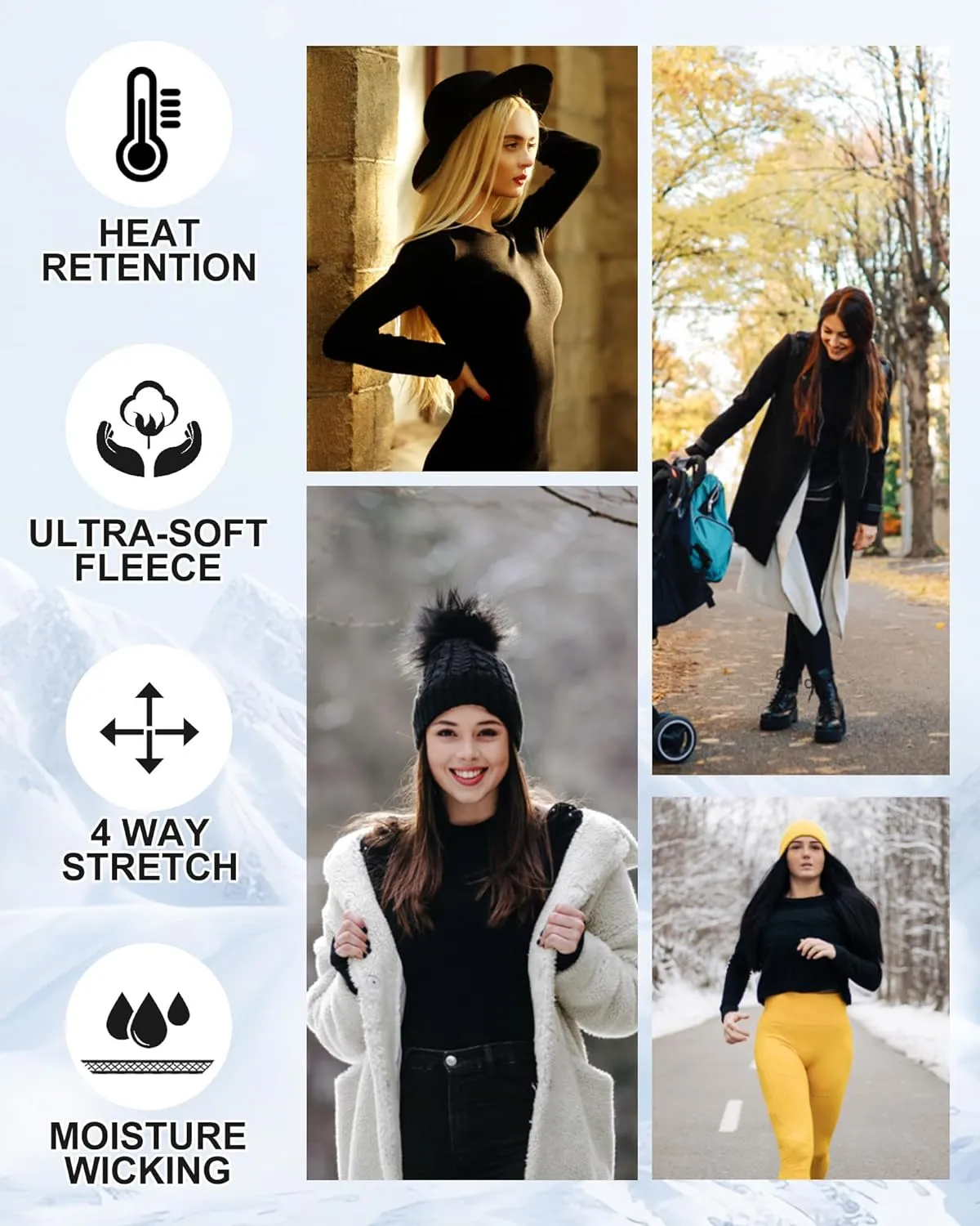 CL convallaria 1 2 4 Pcs Women's Thermal Underwear Fleece Lined Tops Long Sleeve Baselayer Shirt