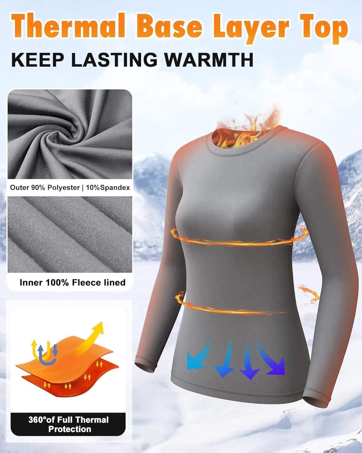 CL convallaria 1 2 4 Pcs Women's Thermal Underwear Fleece Lined Tops Long Sleeve Baselayer Shirt