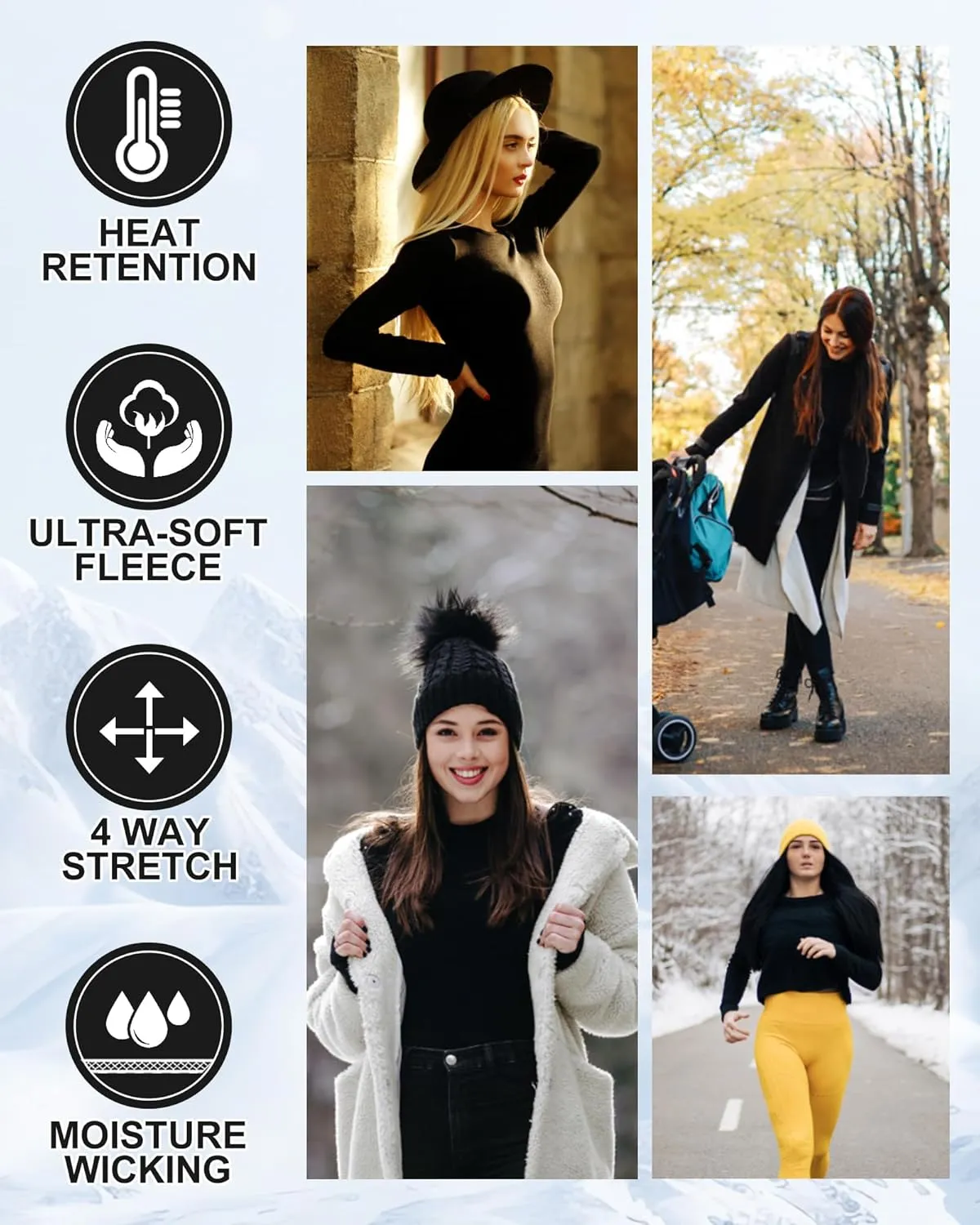 CL convallaria 1 2 4 Pcs Women's Thermal Underwear Fleece Lined Tops Long Sleeve Baselayer Shirt