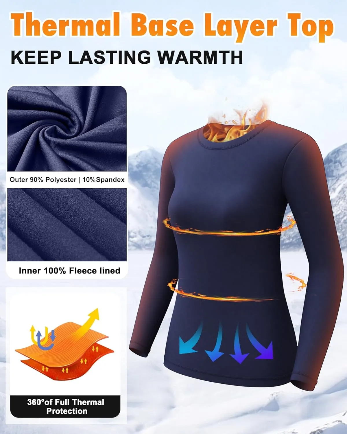 CL convallaria 1 2 4 Pcs Women's Thermal Underwear Fleece Lined Tops Long Sleeve Baselayer Shirt