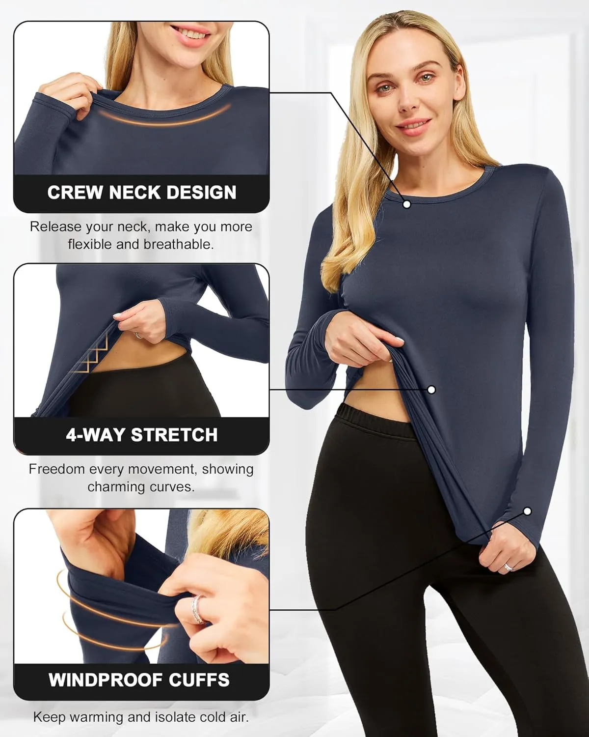 CL convallaria 1 2 4 Pcs Women's Thermal Underwear Fleece Lined Tops Long Sleeve Baselayer Shirt