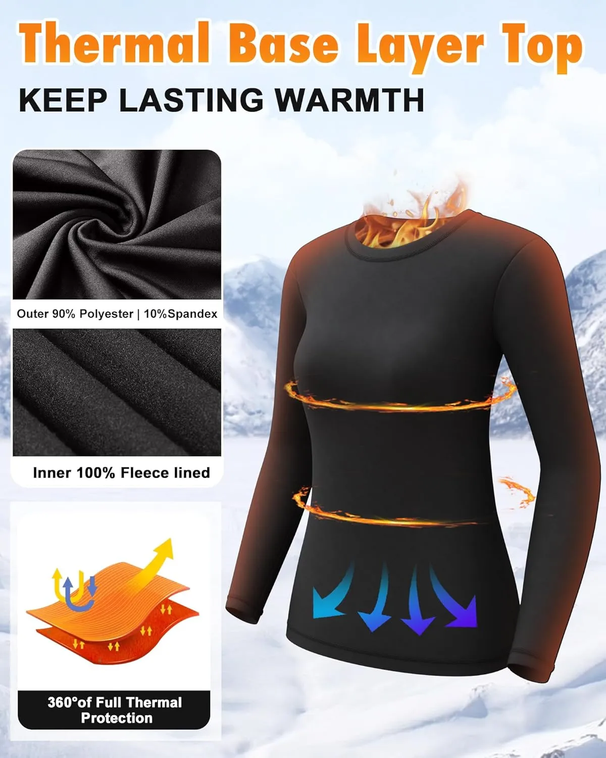 CL convallaria 1 2 4 Pcs Women's Thermal Underwear Fleece Lined Tops Long Sleeve Baselayer Shirt