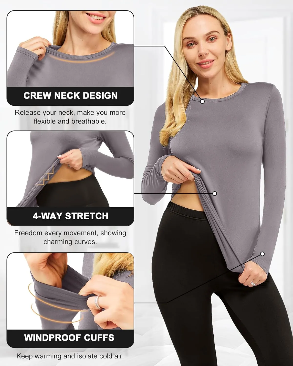 CL convallaria 1 2 4 Pcs Women's Thermal Underwear Fleece Lined Tops Long Sleeve Baselayer Shirt