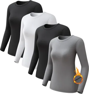 CL convallaria 1 2 4 Pcs Women's Thermal Underwear Fleece Lined Tops Long Sleeve Baselayer Shirt