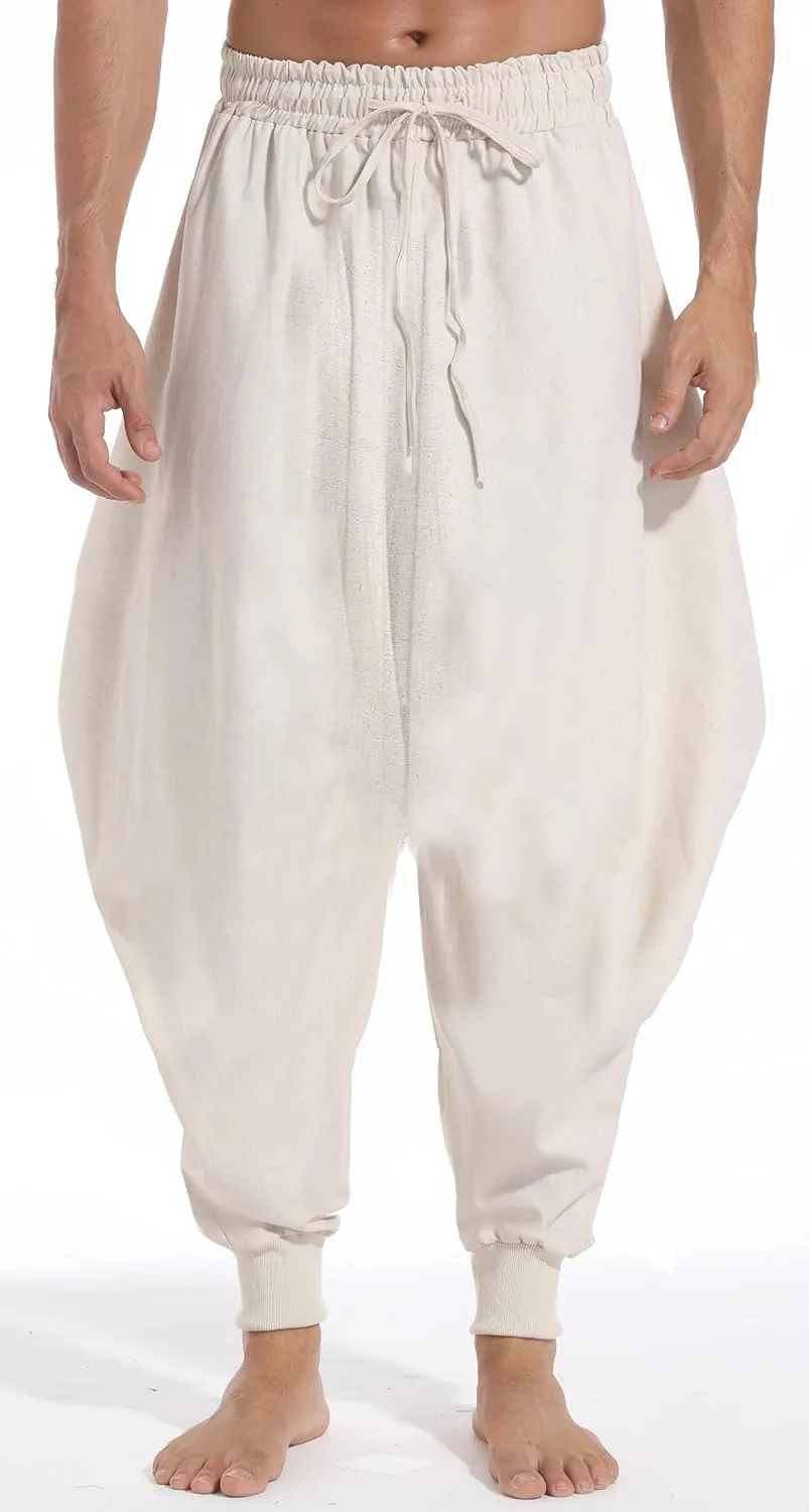 CLANMILUMS Men's Cotton Harem Pants Casual Loose Hippie Drop Crotch Trouser