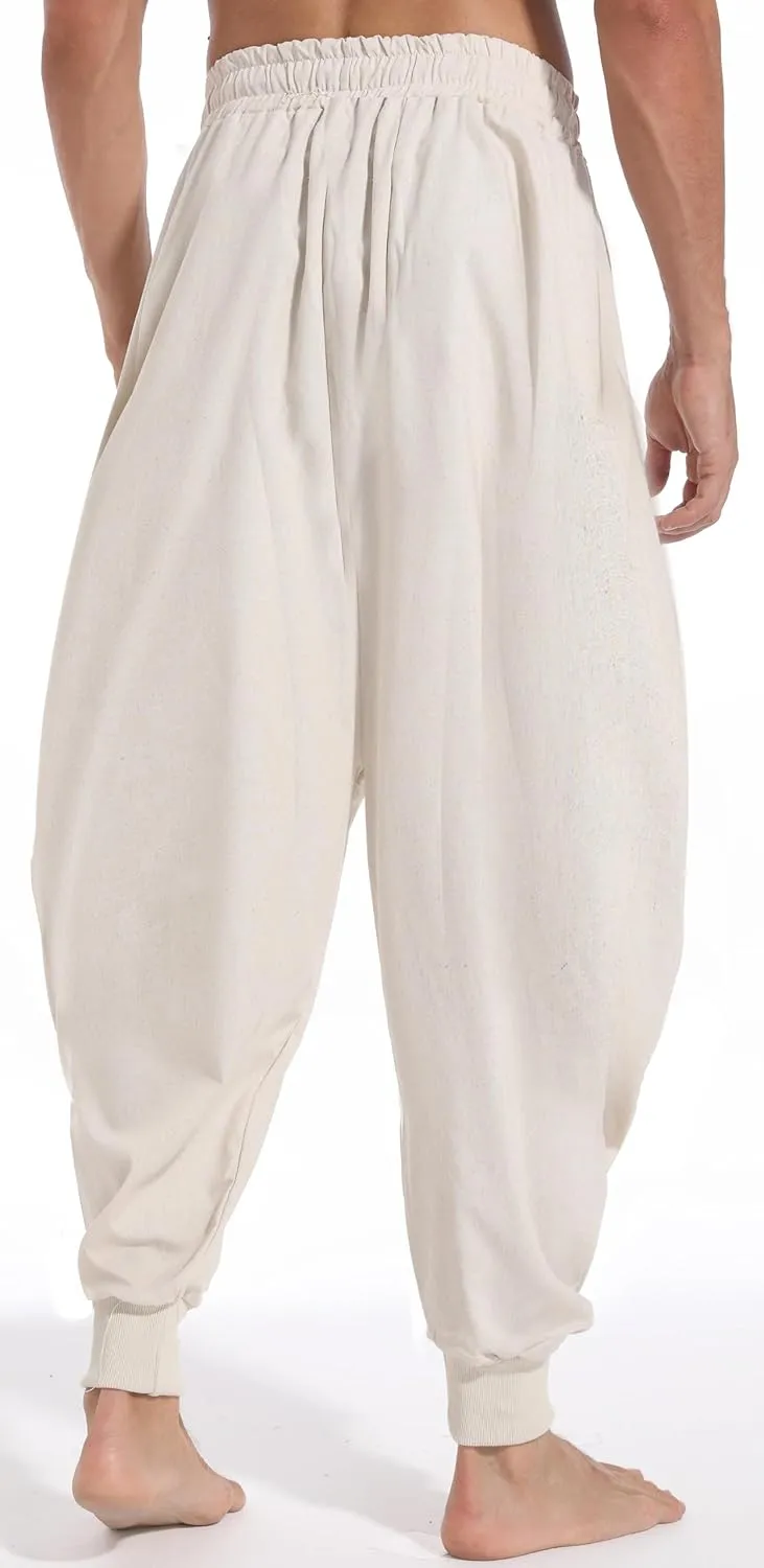 CLANMILUMS Men's Cotton Harem Pants Casual Loose Hippie Drop Crotch Trouser