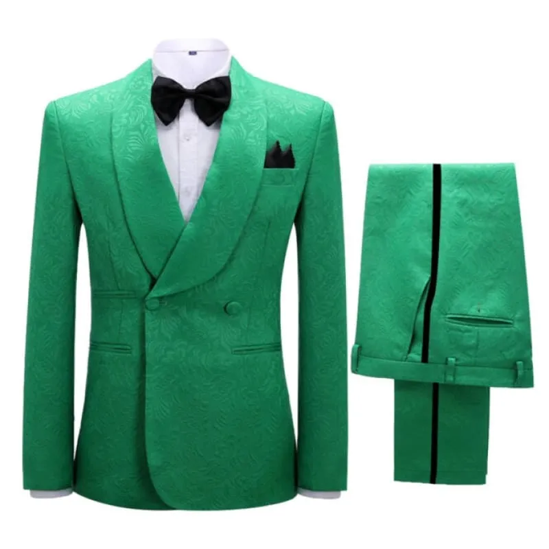 Classic Green Jacquard Double Breasted Wedding Suits Shawl Lapel Wedding Groom Prom Tuxedo