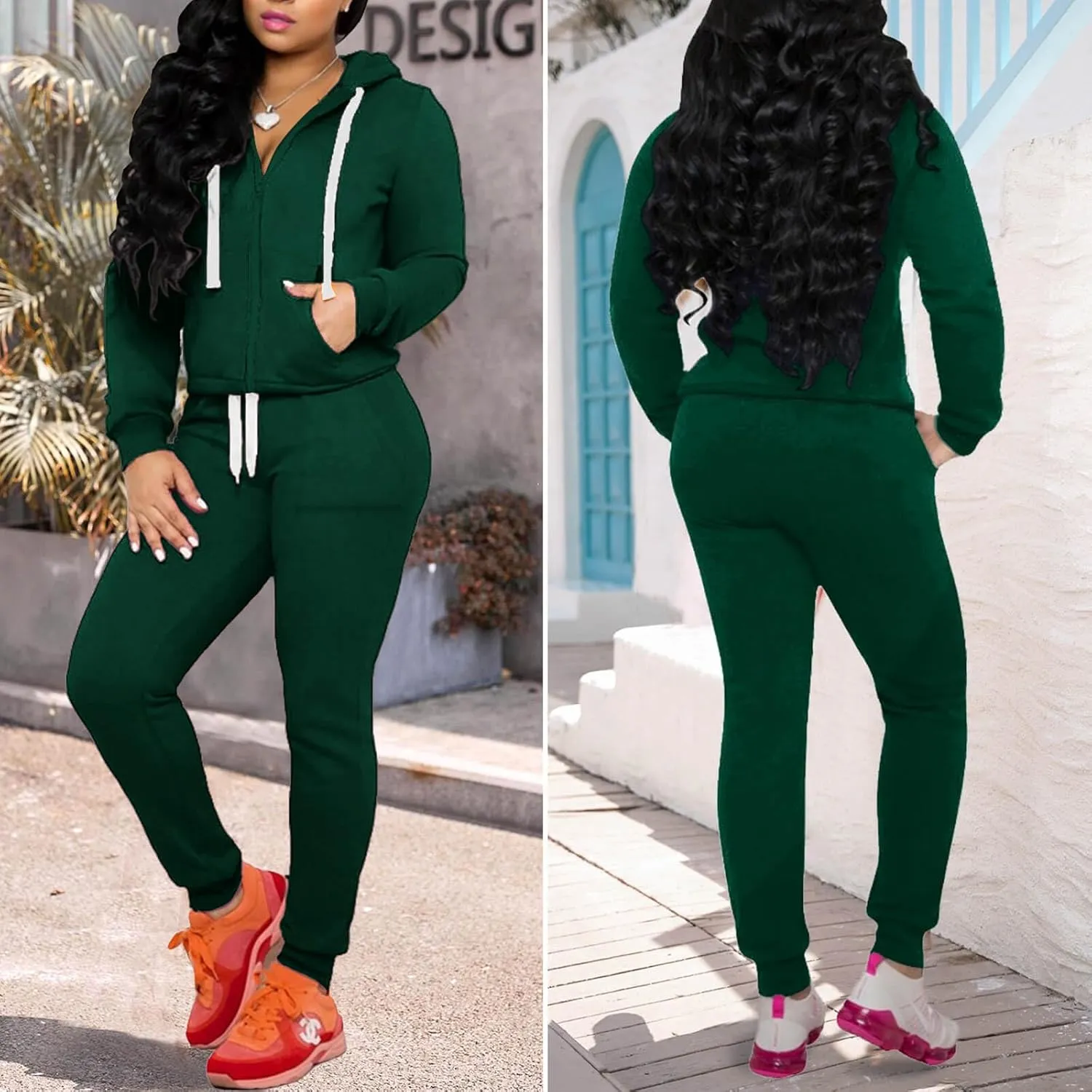 CLOCOR Track Suits for Women Set - Casual 2 Piece Outfits Sweatsuit Pocket Hoodies Long Sleeve with Patchwork Pants Set