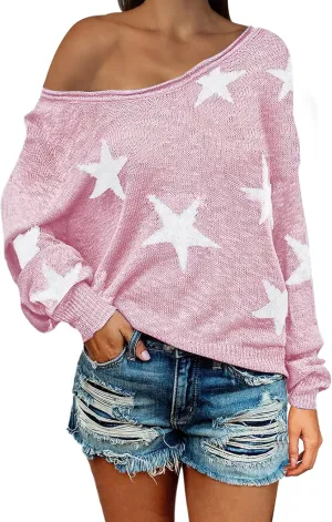 COCOLEGGINGS Women's Scoop Neck Long Sleeve Star Pullover Sweater Tunic Tops