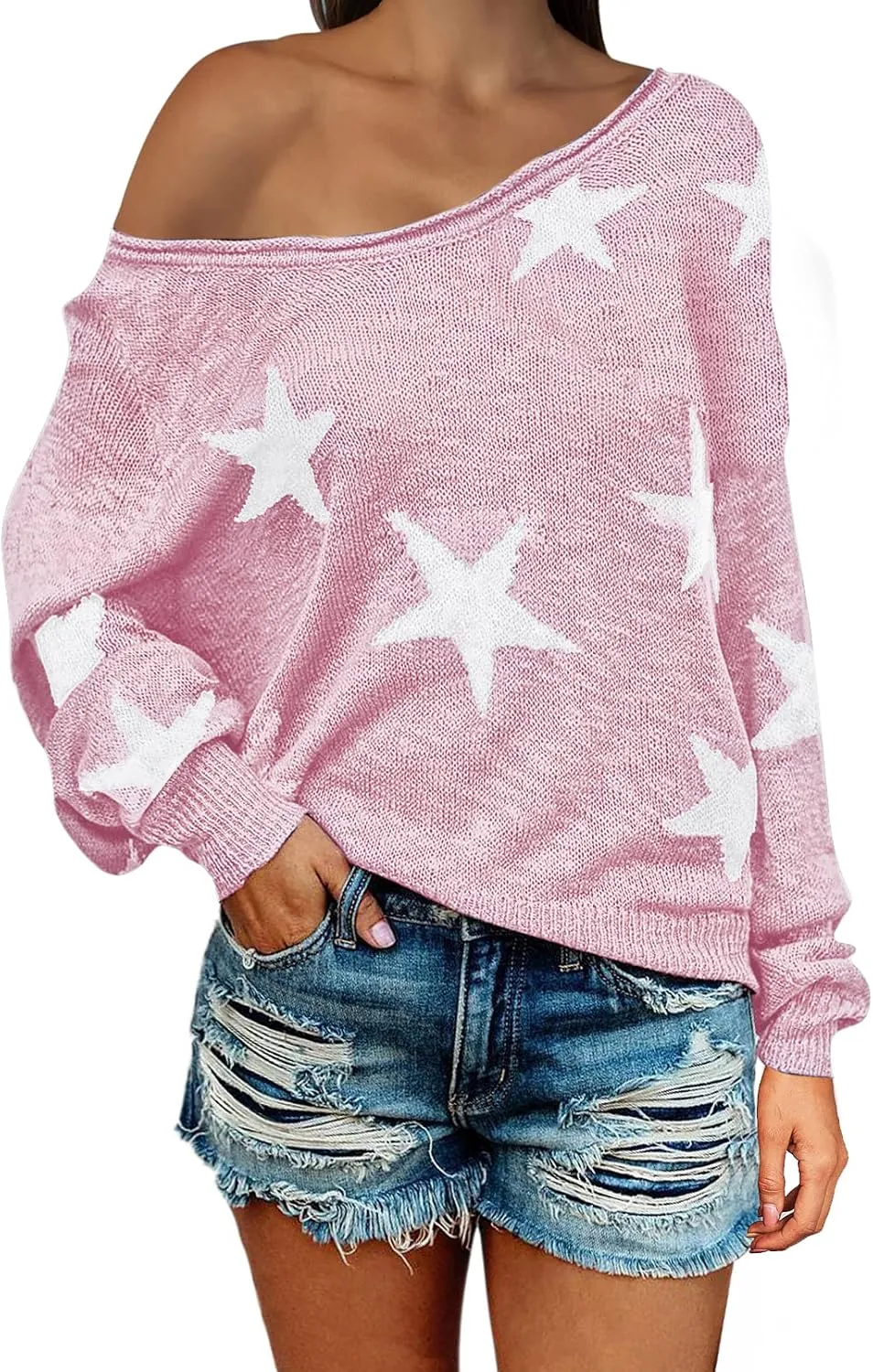 COCOLEGGINGS Women's Scoop Neck Long Sleeve Star Pullover Sweater Tunic Tops